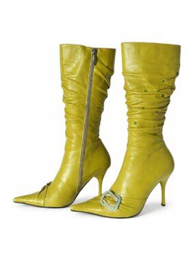 Vintage Qige Lime Green Leather Slouchy Knee High Boots Pointed Toe Stiletto Y2K